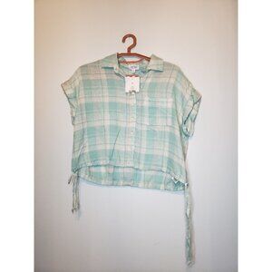 True Craft Womens M Linen Blend Crop Top Button Front Short Sleeve Green Plaid